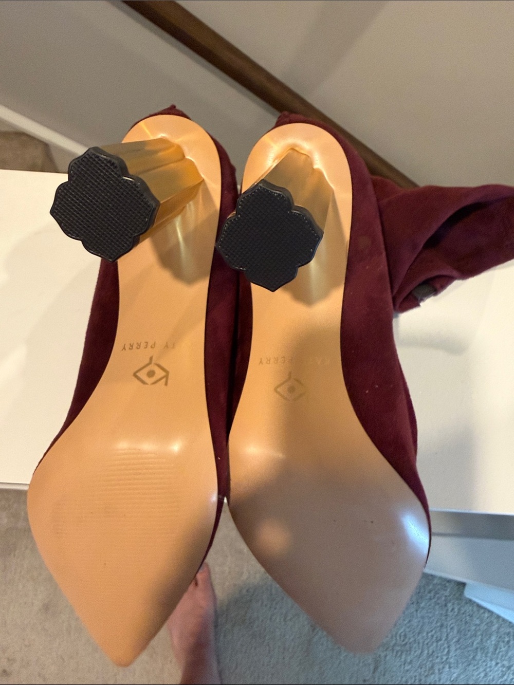 Women's Burgundy Suede Ankle Boots Gold Block Heel KATY PERRY HIGH BOOTIE 8 8 M - Picture 5 of 7